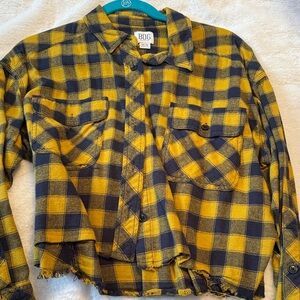BDG Mustard and Navy Checkered Cropped Flannel Shirt
